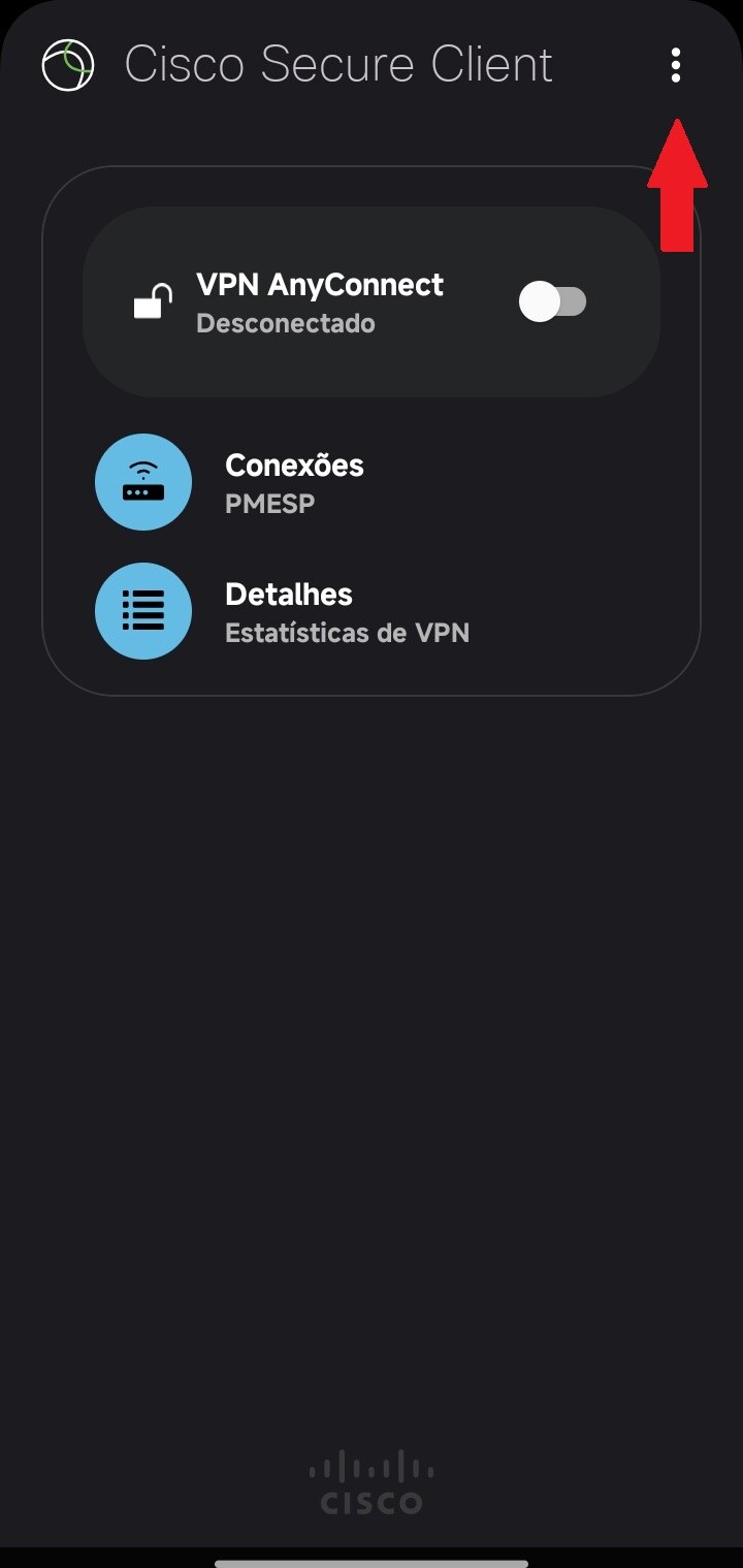 Tela inicial do Cisco Secure Client com seta apontando para os 3 pontos no canto superior direito