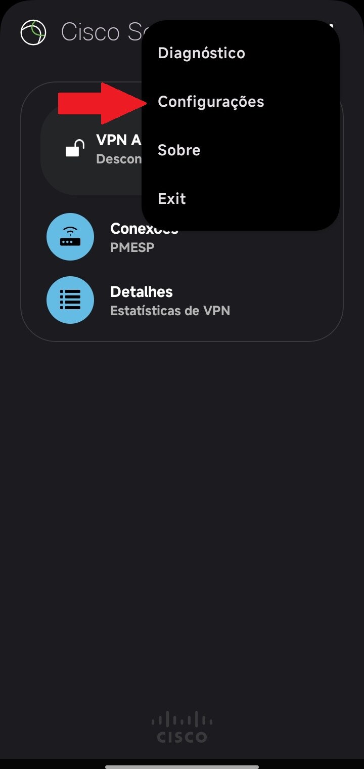 Menu suspenso aberto com a opção Configurações destacada