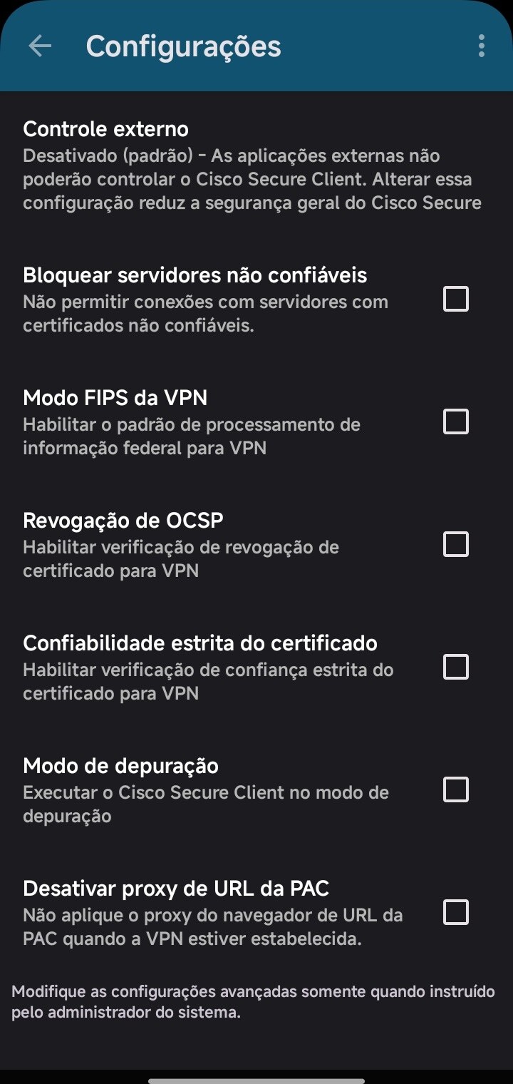 Tela de Configurações com todas as opções desmarcadas (padrão)