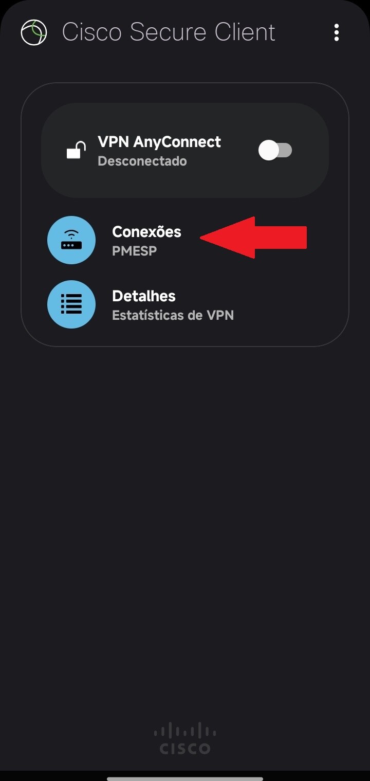 Tela inicial com seta apontando para Conexões / PMESP