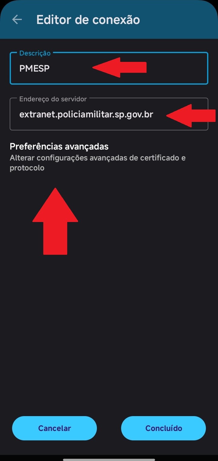 Editor de conexão mostrando Descrição PMESP, servidor extranet.policiamilitar.sp.gov.br e Preferências avançadas